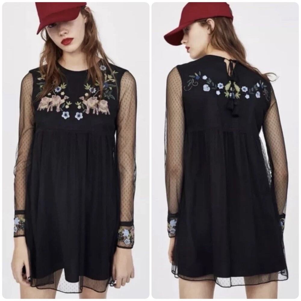 Zara Trafaluc Embroidered Floral Camel Mesh Babydoll Boho Mini Dress Size M